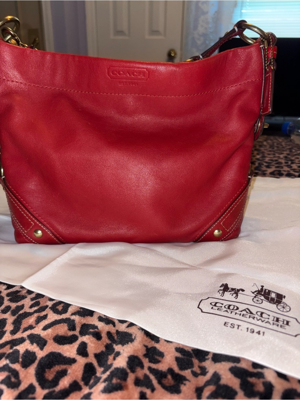 Coach Red Leather Hobo Shoulder Bag with Gold Hardware
